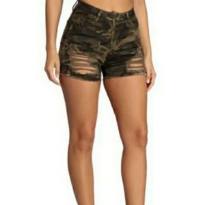 AMERICAN BAZI Olive Green Brown Camo Print Distressed Twill Bermuda Shorts S NWT